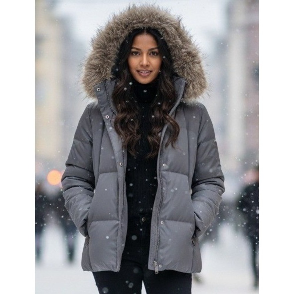 Calvin Klein Puffer Jacket Women's XS Faux Fur Duck Down Removable Hood Feathers